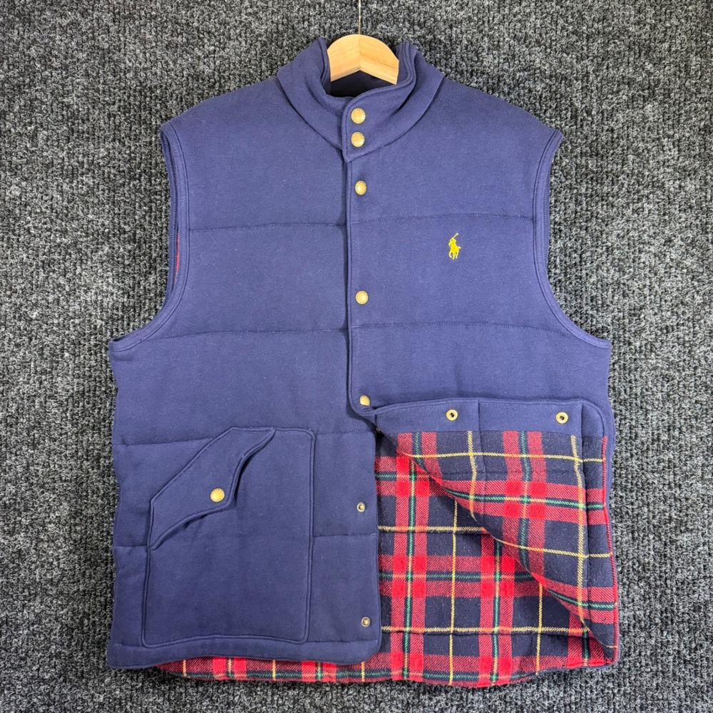 Polo Ralph Lauren Mens XL Fleece Vest Navy Blue Plaid Lined Quilted Snap Front